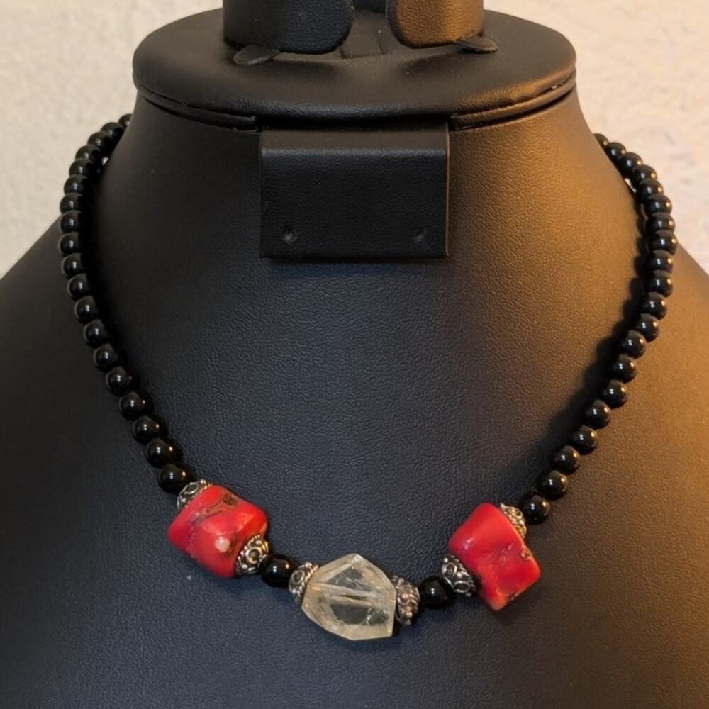 Vintage Sterling Silver Coral Natural Quartz & Black Glass Bead Necklace